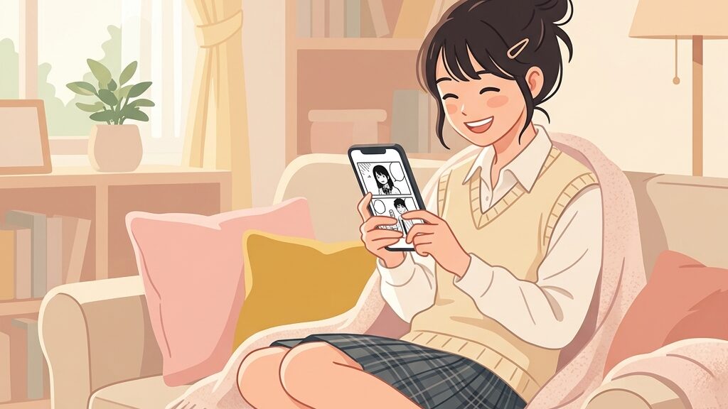 スマートフォンで楽しくマンガを読む女の子